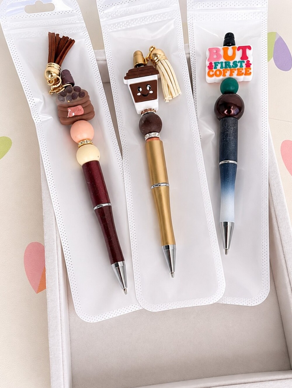 3pc Beaded Charm Pen Bundle Coffee Theme Handcrafted
